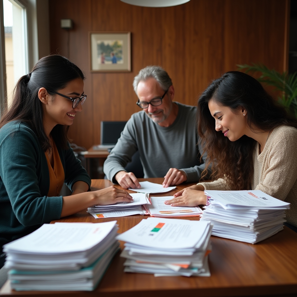 Equipo revisando formularios físicos y clasificándolos sobre una mesa durante una sesión de auditoría