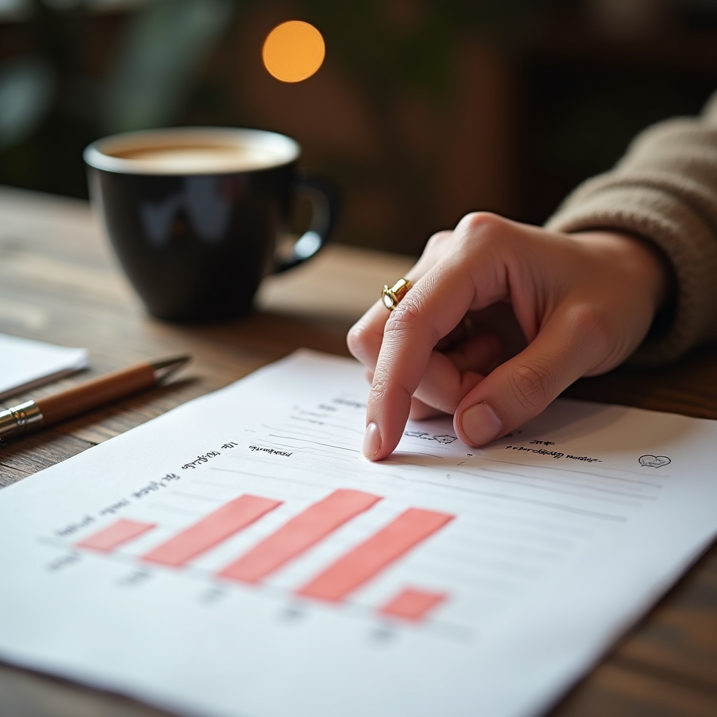 Persona señalando un gráfico impreso mientras prioriza decisiones sobre una mesa de trabajo