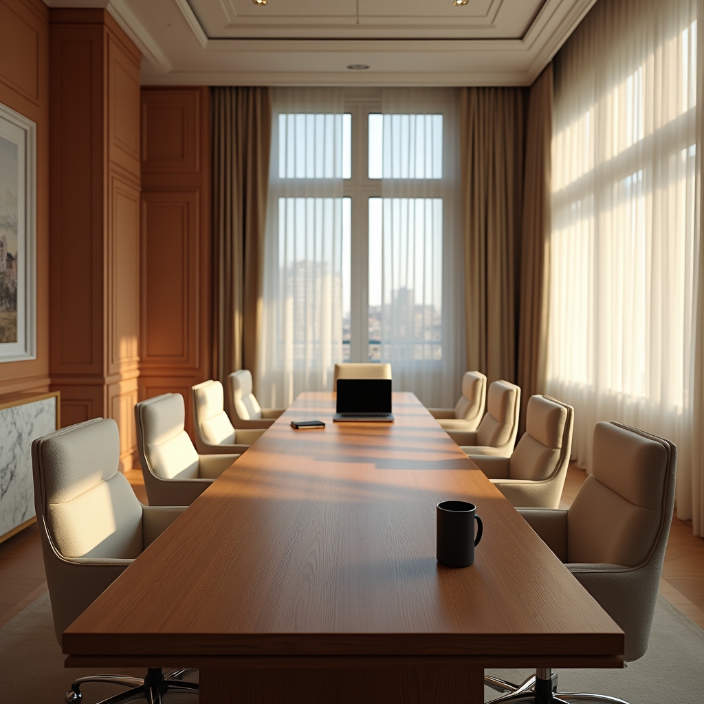 Sala de reuniones de la oficina de Quorbelis en Marbella con mesa de trabajo y luz natural