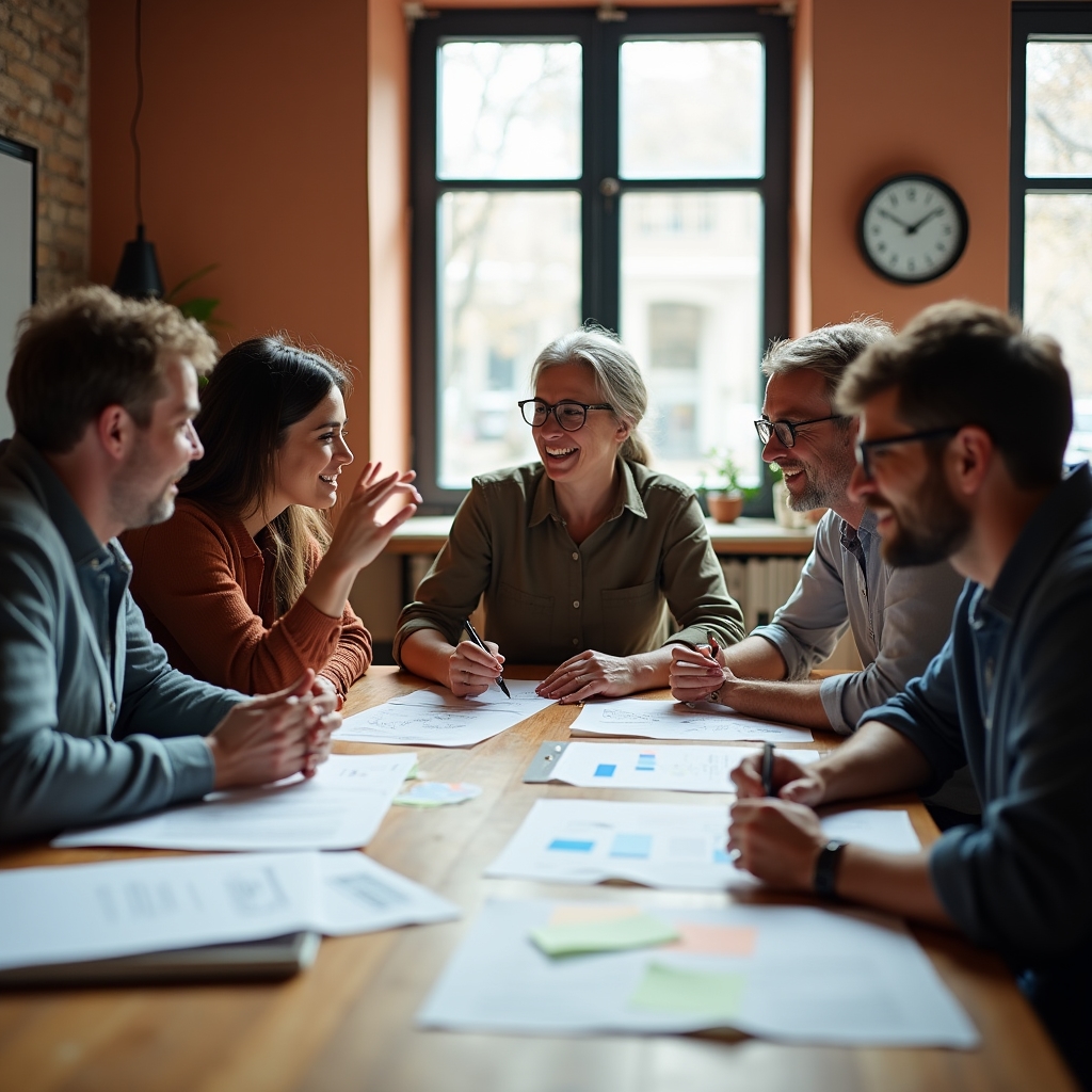Sesión de trabajo con el equipo de una pyme alrededor de una mesa discutiendo el uso de datos